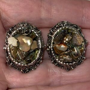 Chunky Oval Gemstone & Shell Mosaic Style Clip On Earrings Silver Tone
